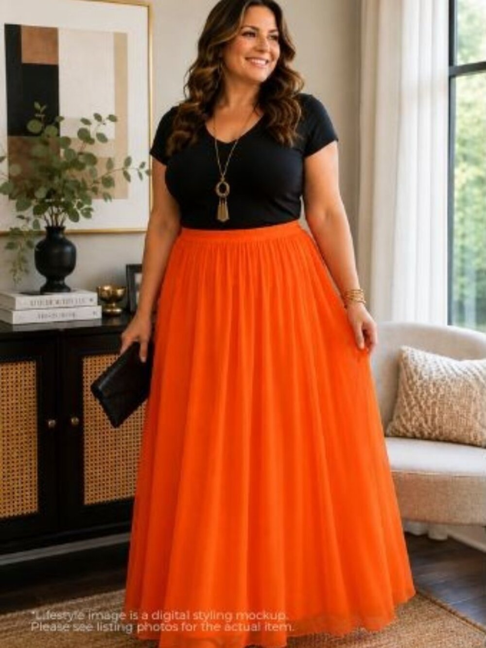 NWT Orange Chiffon Maxi Skirt Women's 2XL Elastic Waist Flowy Lined Boho Dressy